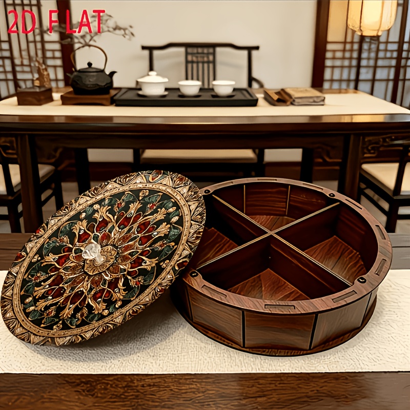 TEMU 2d Flat, 1pc Wooden New Style Patterned Retro Storage Box With Lid - Crystal Handle 4-grid Organizer - Handmade Assembly, - Suitable For