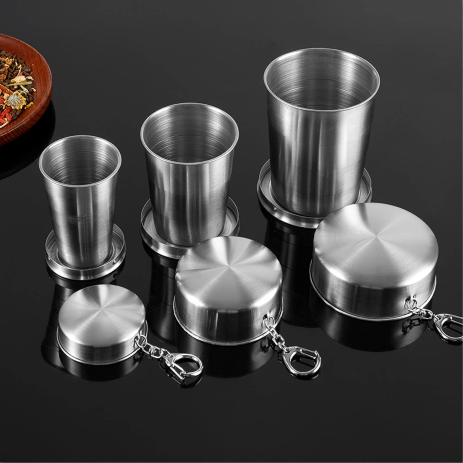 

Portable Stainless Steel Camping Mug - Collapsible & Shatterproof With Keychain, Sustainable 75ml/150ml/250ml Sizes Available