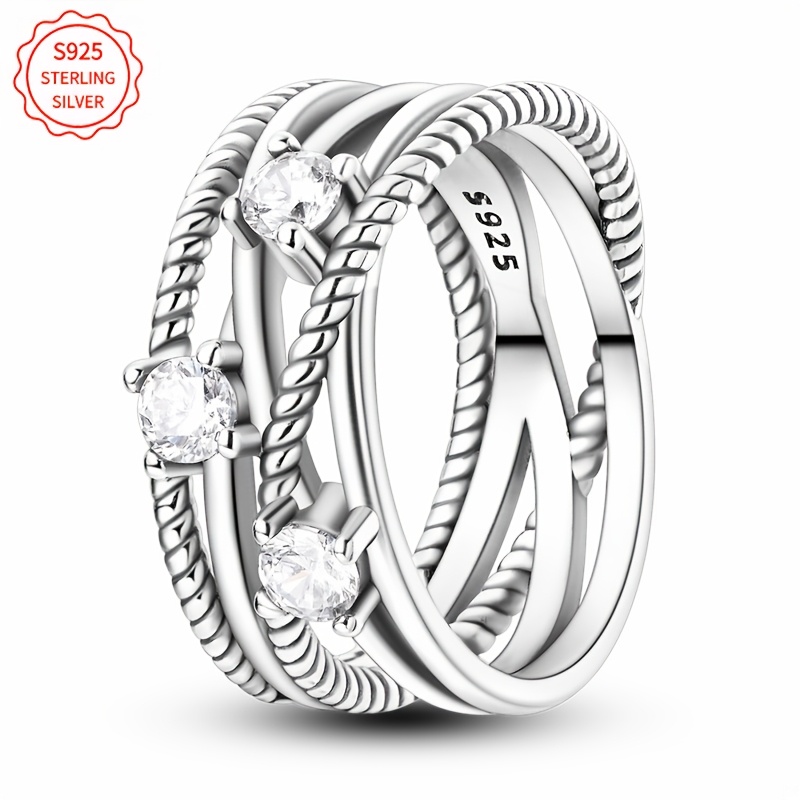 

Sterling Silver 925 Twisted Rope Ring With Synthetic Cubic Zirconia, Vintage Boho Style, Elegant For Women, Ideal For & Gift-, All Jewelry