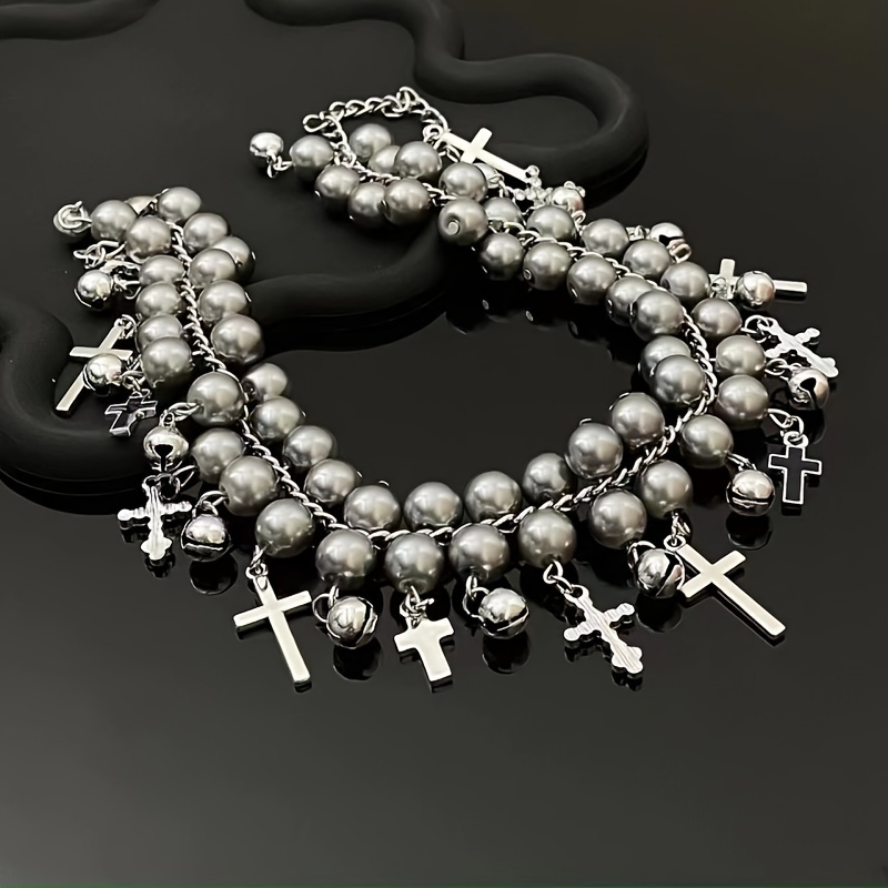 vintage double layer imitation pearl choker necklace with cross charms pendant for women fashion clavicle chain accessories suitable for compatible details 4