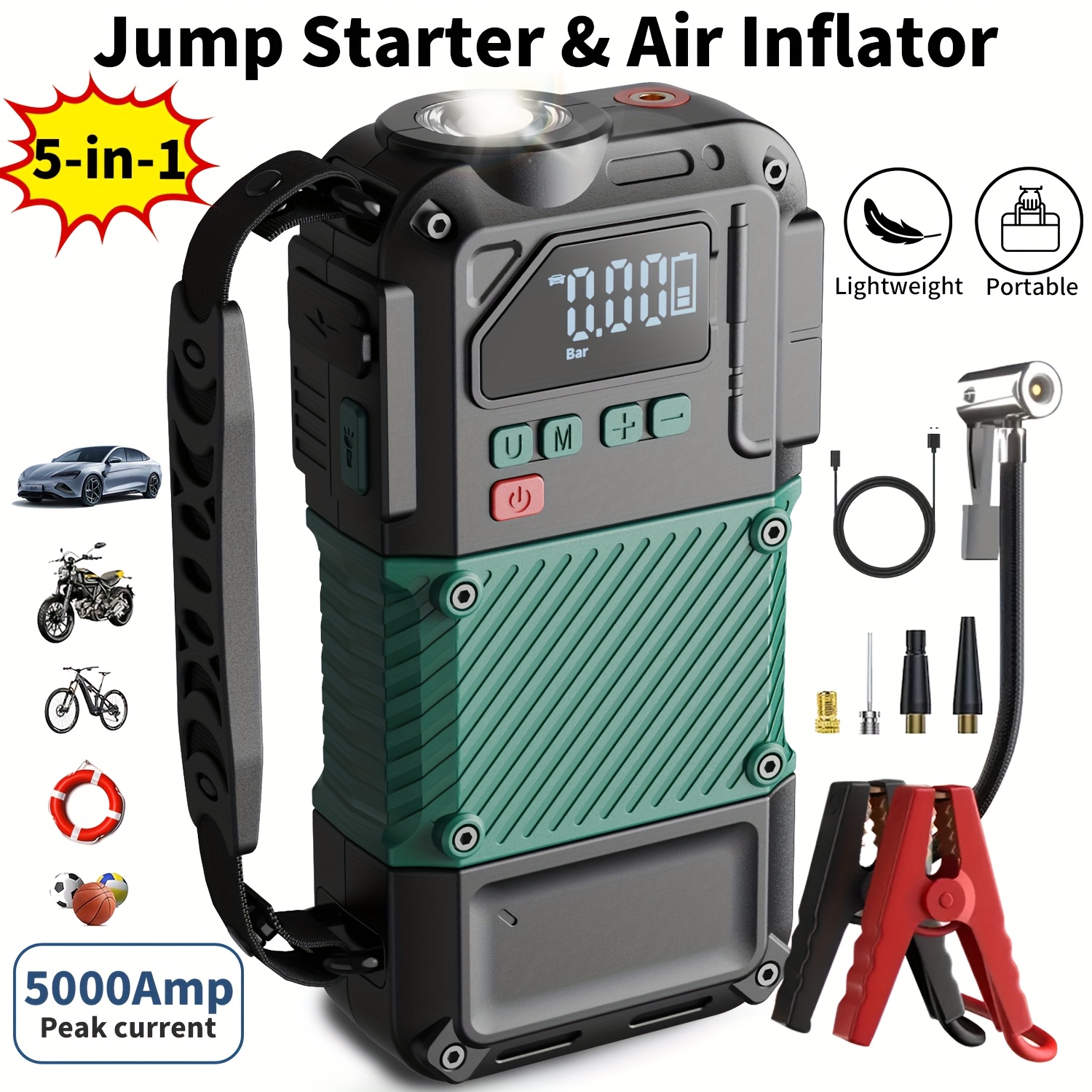   portable car jump starter with air compressor 6000mah car battery charger jump starter 1000a portable booster 16 8v battery auto pressure ctrl   stop start light warning   bank