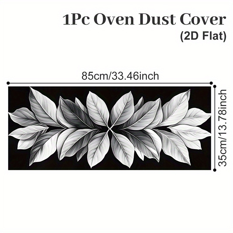TEMU 2d Flat, 1pc, Oven Dust Cover, 35 X 85cm, Leaf Pattern Polyester Black Oven Dust Cover, Modern Easy Design, Kitchen Appliance Cover, Black White