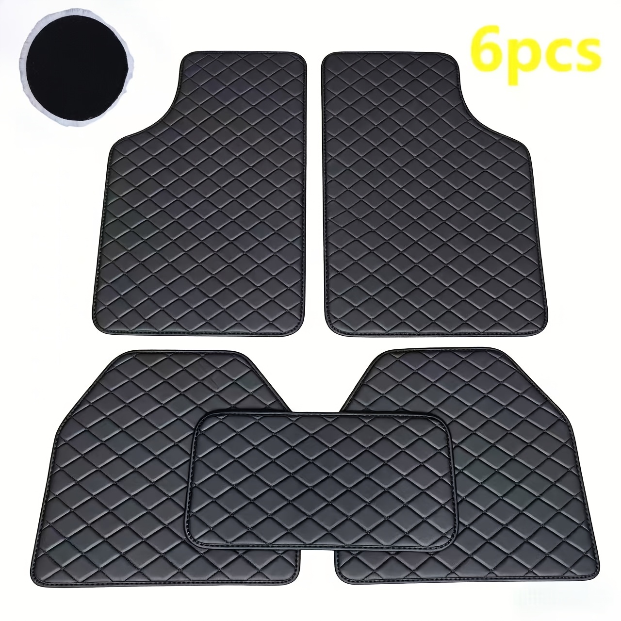 TEMU 6pcs Set 5pcs Luxury Faux Pu Faux Pu Leather Car Floor Mats And 1pc Car Cleaning Plate, Suitable For Sedans, Trucks, And Suvs, Model With