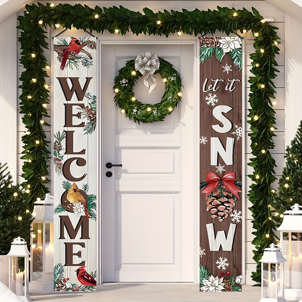 

2pcs Porch Banner Sign, Pine Cone Farmhouse Front Door Decorative Hanging Banner Flag, Poinsettia Rustic Decoration Home Outdoor Decor 71x12 Inch