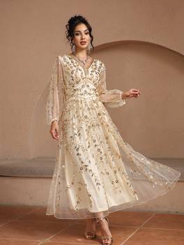womens elegant dress long sleeve full length v neck sequin pearl dress banquet ball party evening gown