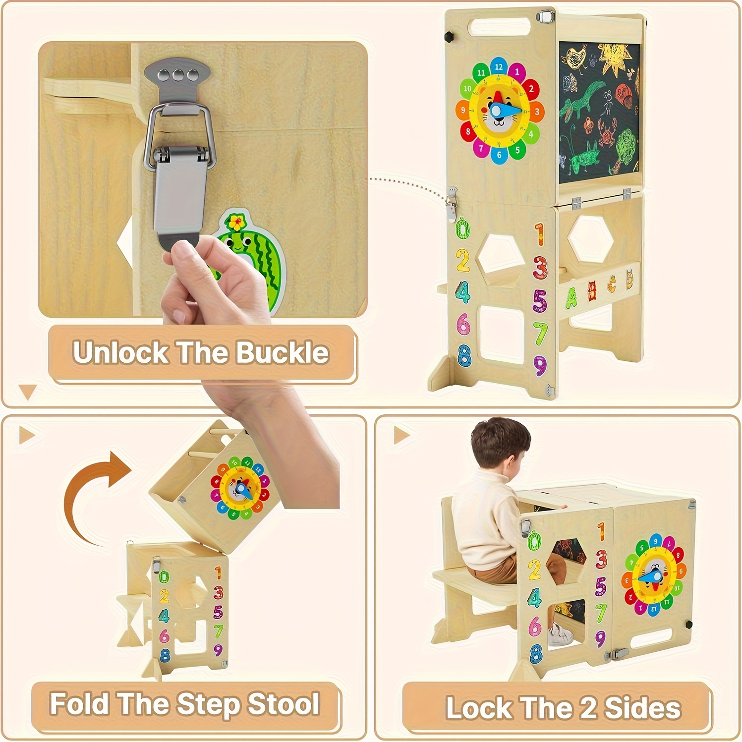 4-in-1 Toddler Standing Tower with Learning Clock & Blackboard - Foldable Multi-Functional Step Stool, Wood Climbing Ladder & for & (Toddler Learning, Motor Skills Development)