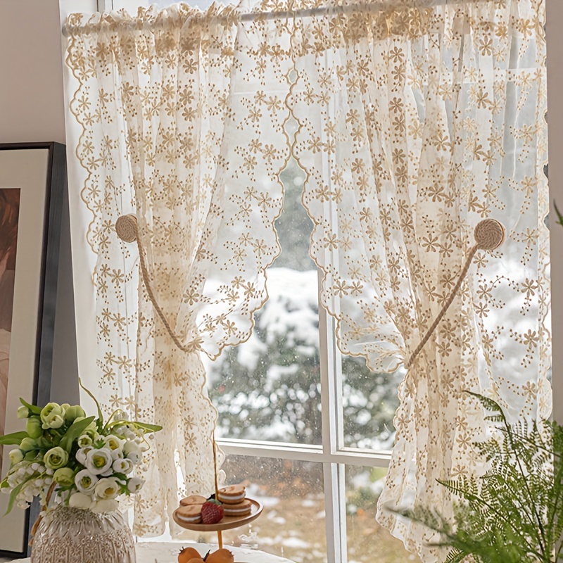 

2pc French Style Lace Yarn Embroidered Sheer Tulle Curtains - Floral Pattern, Thermal Insulated, Rod Pocket Top For Living Room And Kitchen, Decorative Unlined Drapes, Polyester, Tiyana Brand