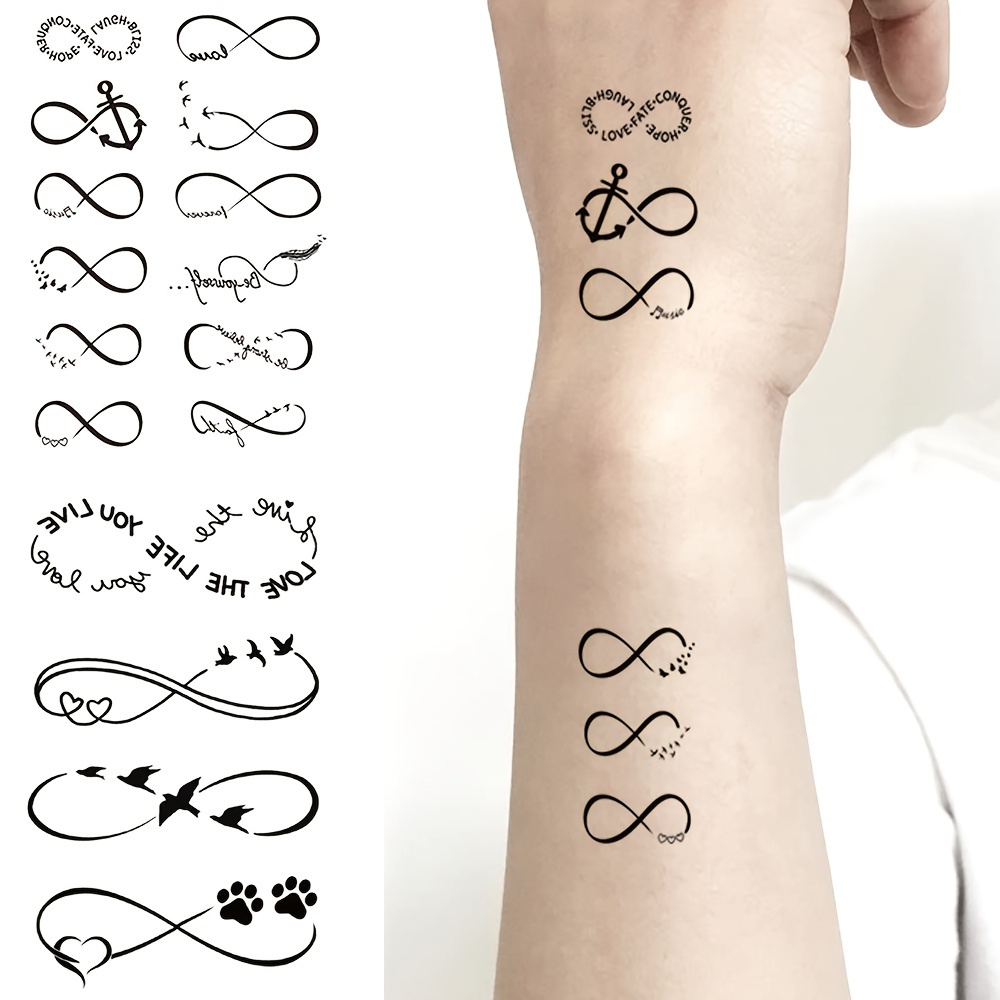 2 szt. czarne symbol infinity temat mały wzór tatuaż naklejki - miłość, latające ptaki, odciski łap zwierząt wodoodporne tymczasowe tatuaż naklejki, odpowiednie do rąk, ramion, nóg dekoracja ciała męskie i żeńskie codzienne dekoracja imprezowa fałszywe tatuaż naklejki 0