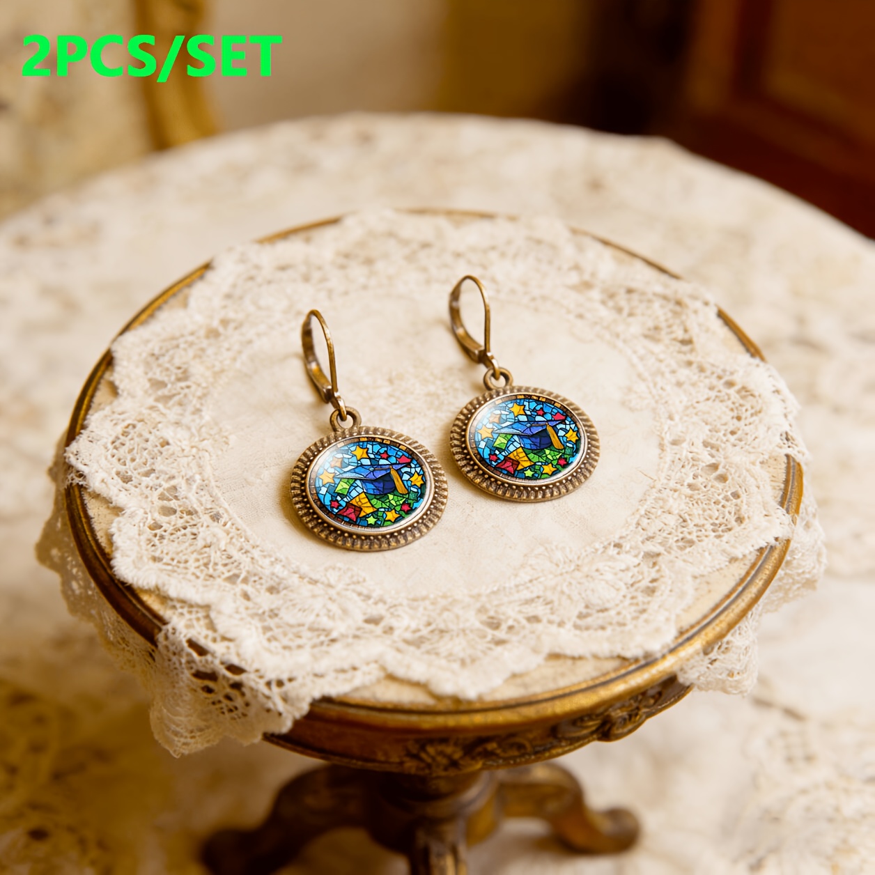 2pcs Blue Classic Pendant Earrings Set, Graduation Cap Design