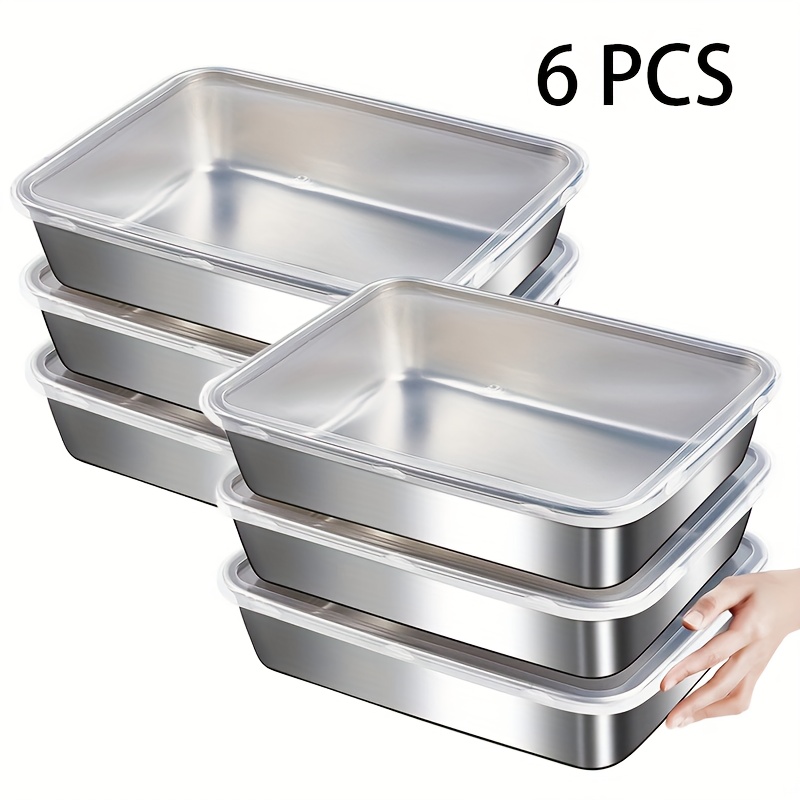 E-shop 6-teiliges Edelstahl-Lebensmittelbehälter-Set, stapelbar mit Deckeln, mikrowellengeeignet, Klappdeckel, quadratisch, geeignet für Salate, Obst,