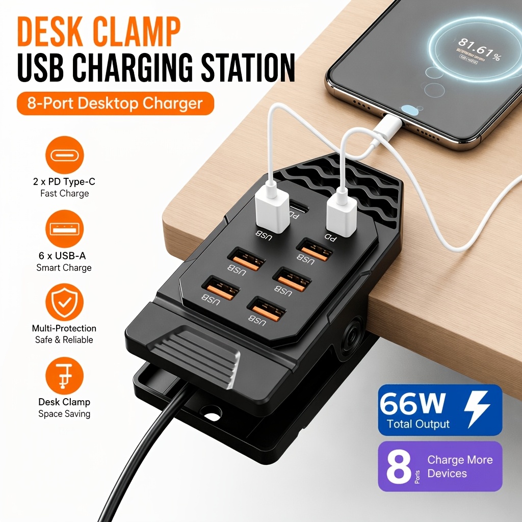 TEMU di ricarica USB multifunzionale a 8 porte con morsetto da 66W, 6 X porte di ricarica USB-A e 2 X porte di ricarica PD Type-C, utilizzo con clip