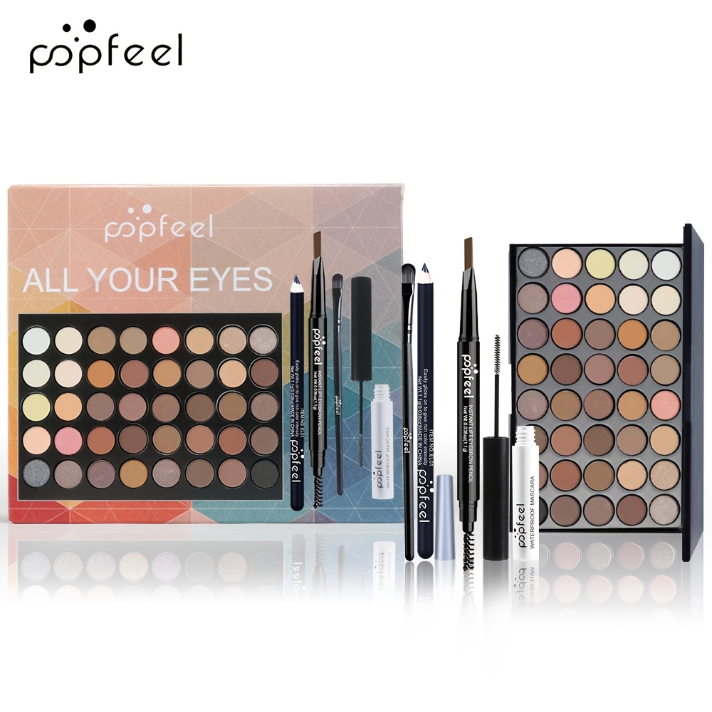 POPFEEL 5pcs Complete Eye Makeup Kit for All Your Eye Needs, Eyeshadow Palette Mascara Eyebrow Eyeliner Brushes, Smooth Blendable Long-Lasting Daily And Party Makeup