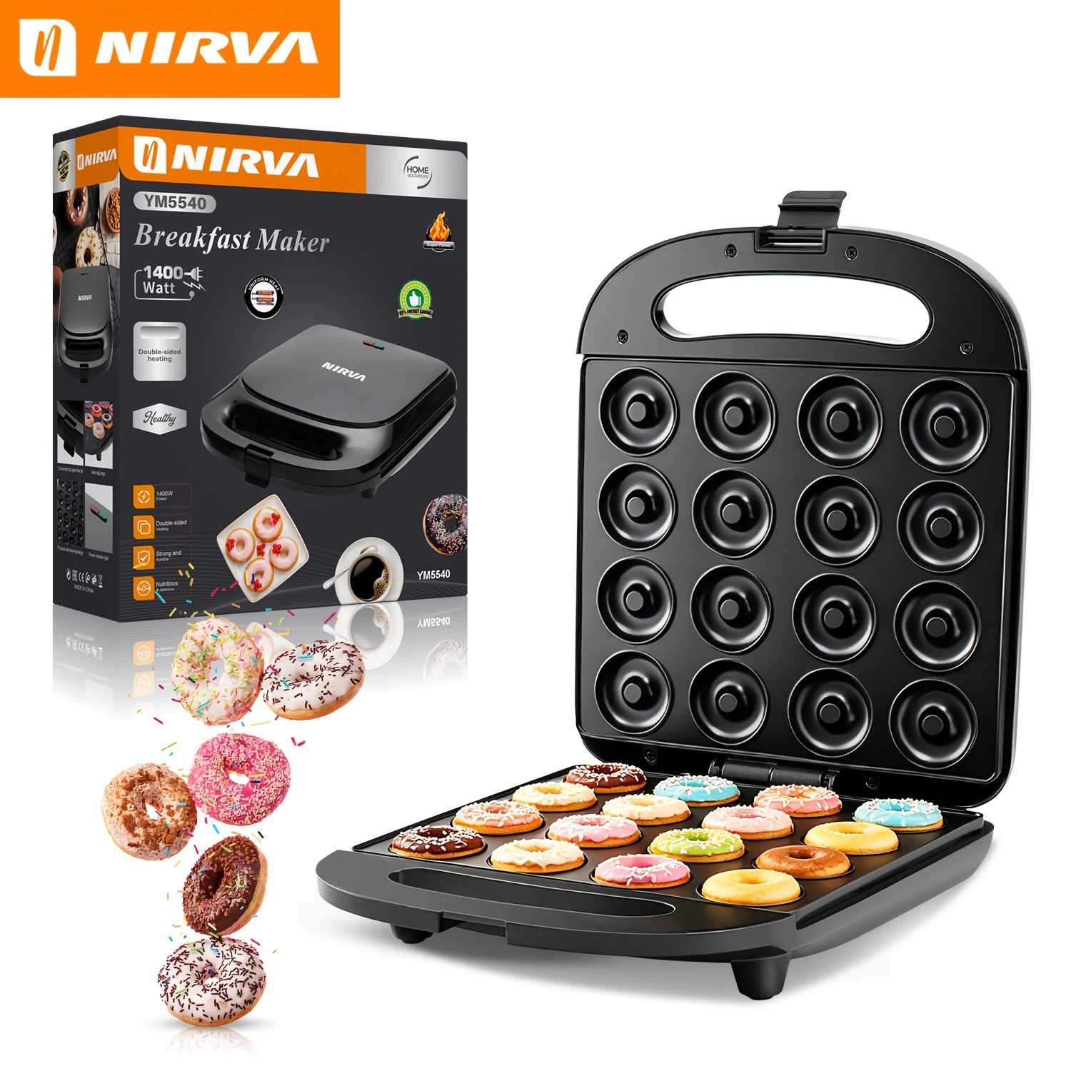 Image of Nirva 16 Capacity Mini Donut Maker Machine, 1400w Electric Donut Maker With Plates, Indicator Lights, Makes 16 Small Doughnuts , Perfect For Family Gatherings, Birthdays & Holiday Desserts