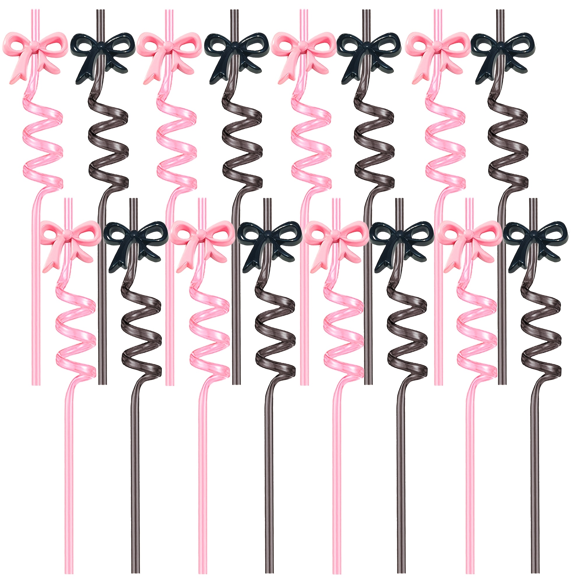 16pcs Glitter Reusable Bow Plastic Straws | Pink Bow Theme For Birthday, Bridal, Engagement, Party Favors, Coquette Cute Party Supplies, Pet Material, Suitable For Contact