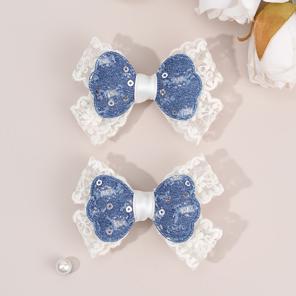 2pcs elegant glitter denim lace hair bow clips suitable for white barrettes for braids ponytails prom weddings birthdays dance parties hair accessories gift