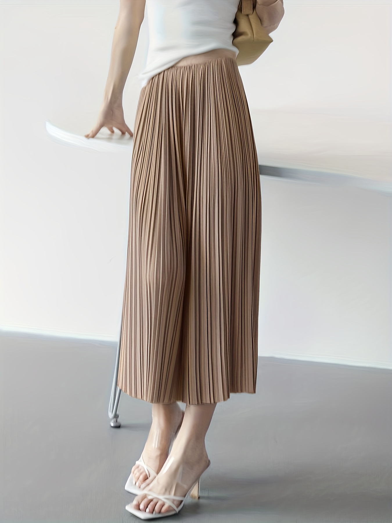   fashion versatile elastic high waist pleated midi skirt