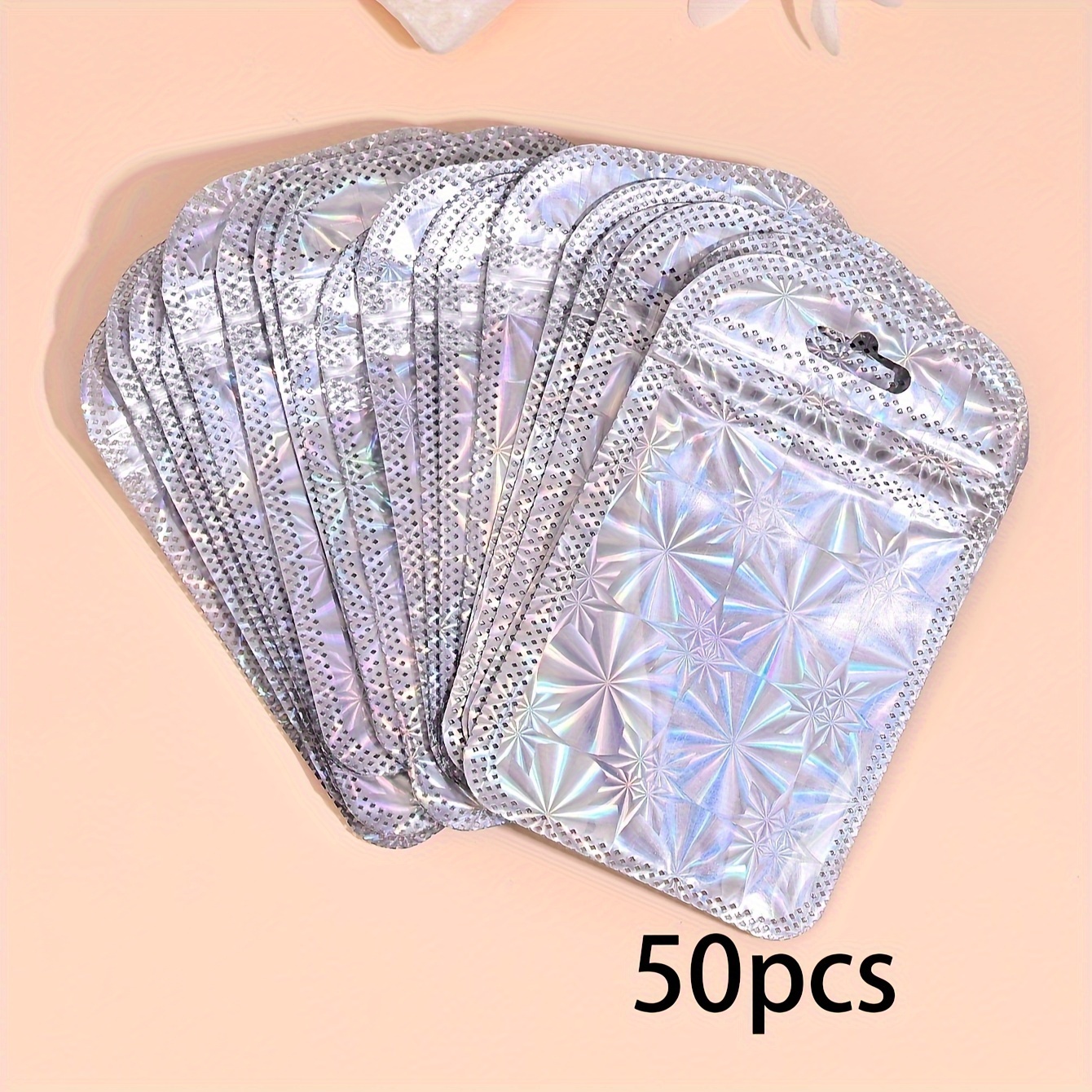 Image of 50pcs Stylish Fireworks Laser Holographic Self-sealing Pe Bags For Jewelry, Shoes & Watches - Reusable Dustproof Storage Pouches 6.9x11cm