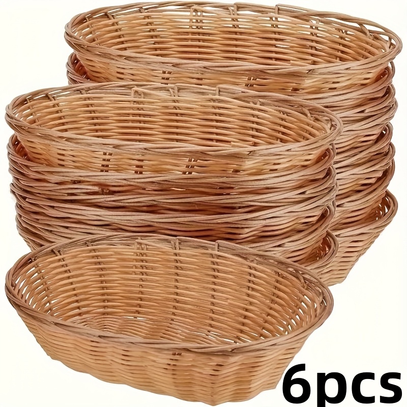Set Of 6 Rattan Baskets, Oval Plastic Storage Containers, Ideal For Home Use, Kitchen, And Dining Area, In Brown Color, Shelf Baskets