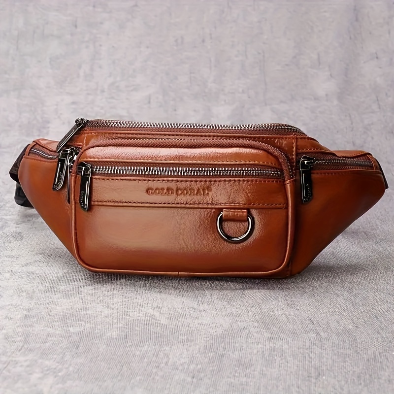 Image of Casual Genuine Leather Waist Pack, Top-grain Cowhide Large Waist Bag, Men's Chest Bag, Sports Bag, Men', Multi-functional Phone Pouch