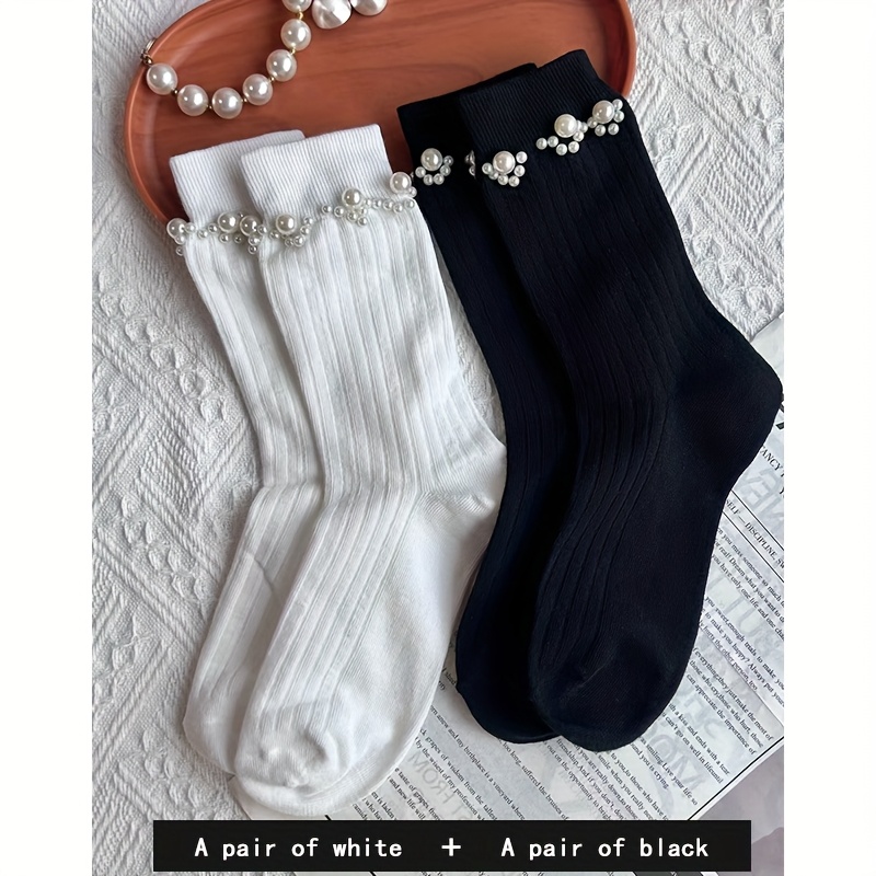 E-shop 1 Paar/2 Paar Perlen-Verstärkung Damen Socken, stylisch und trendig, bequeme und atmungsaktive Mid-Calf Socken