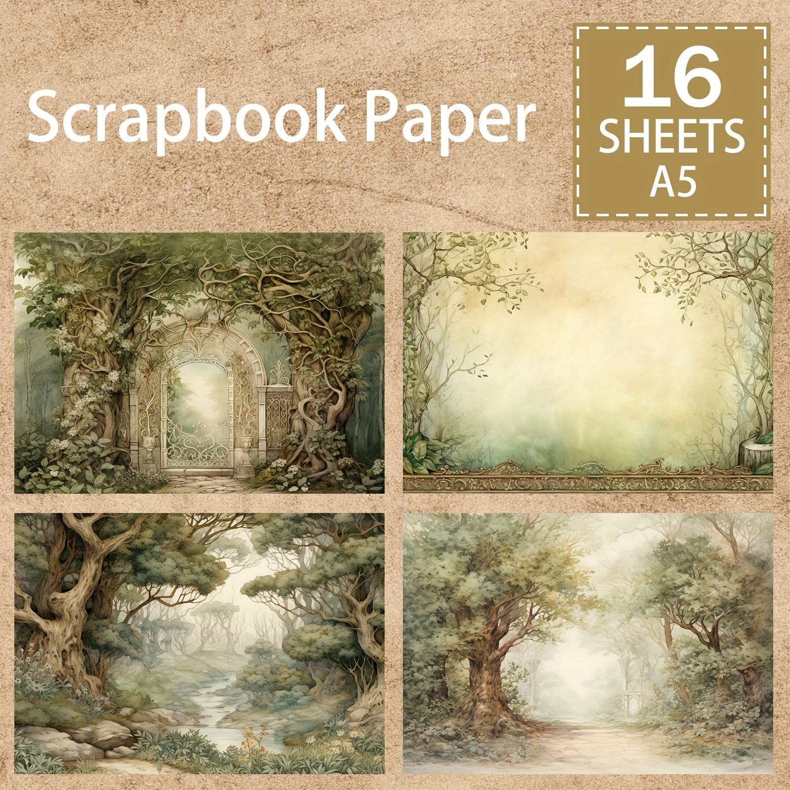 

16 Sheets A5 Vintage Forest Trees Stone Gate Decorative Scrapbook Paper For Diy Crafts, Junk Journals, Greeting Cards, And Planner Backgrounds - High-quality Bristol Paper Material