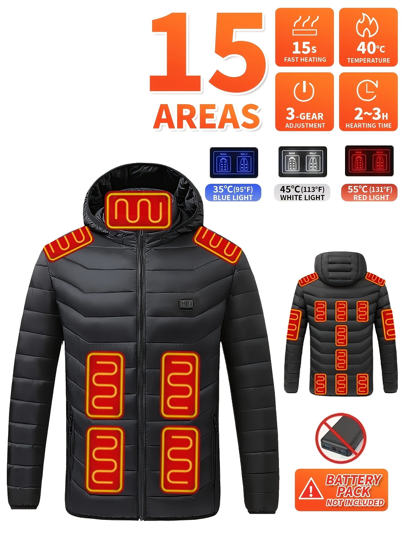 WarmthMax Heated Jacket for Men Solid Color Zip Up Hooded Battery Operated Not Included for Hiking Camping and Cold Weather Activities