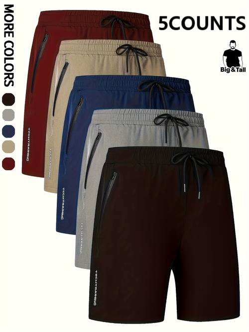 5pcs plus size mens athletic shorts quick dry breathable stretch fabric with zipper pockets letter print multi use for running gym biking hiking machine washable workout shorts gym essential stylish sportswear elastic waistband biking shorts sporty design durable sportswear training shorts fitness enthusiasts plus size