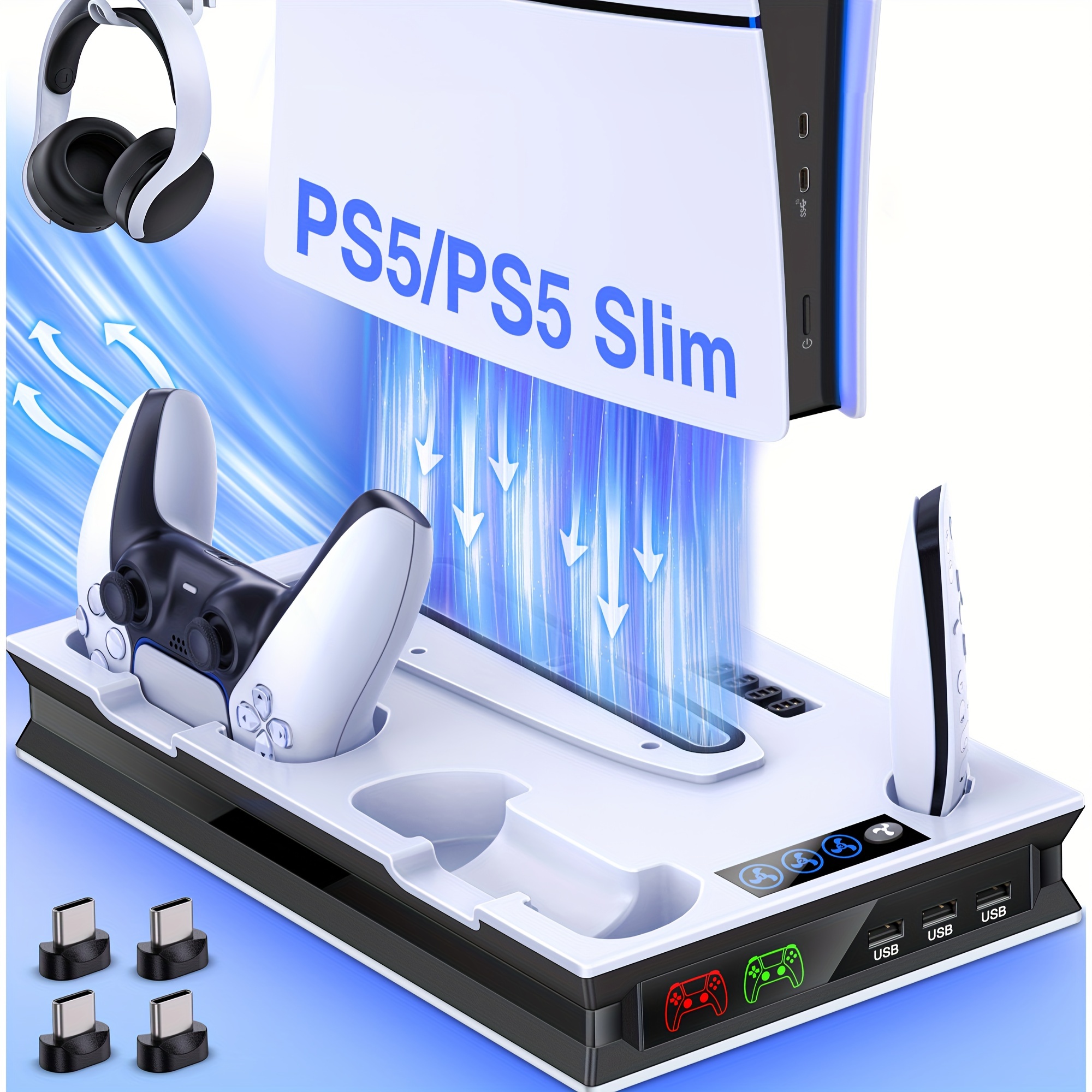 TEMU PS5-Ständer und Kühlstation mit Controller-Ladestation für 5 Slim/PS5, PS5-Zubehör inkl. 3-stufigem Kühlventilator, 3 USB-Hubs,