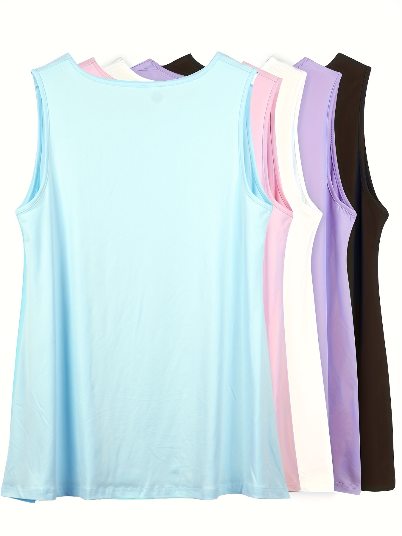 5pcs set of plus size elegant sleeveless vest spring summer womens solid color round neck stretchy tank top wearable as outerwear or layering piece