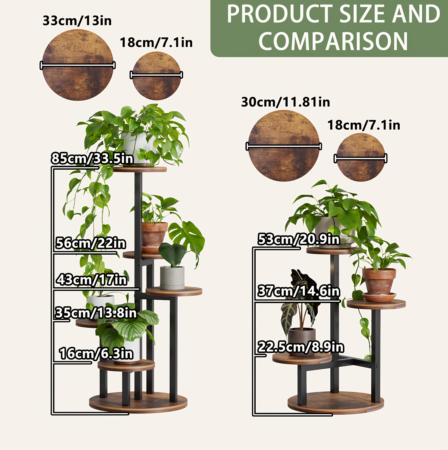 83.82cm Vintage 3-Tier & 5-Tier Wood-Metal Combination Plant Stand - Round Succulent Flower Rack, Available in Small/Medium/Large Sizes, Suitable for Living Room, Bedroom, Kitchen, Office, Hallway - Rustic Brown