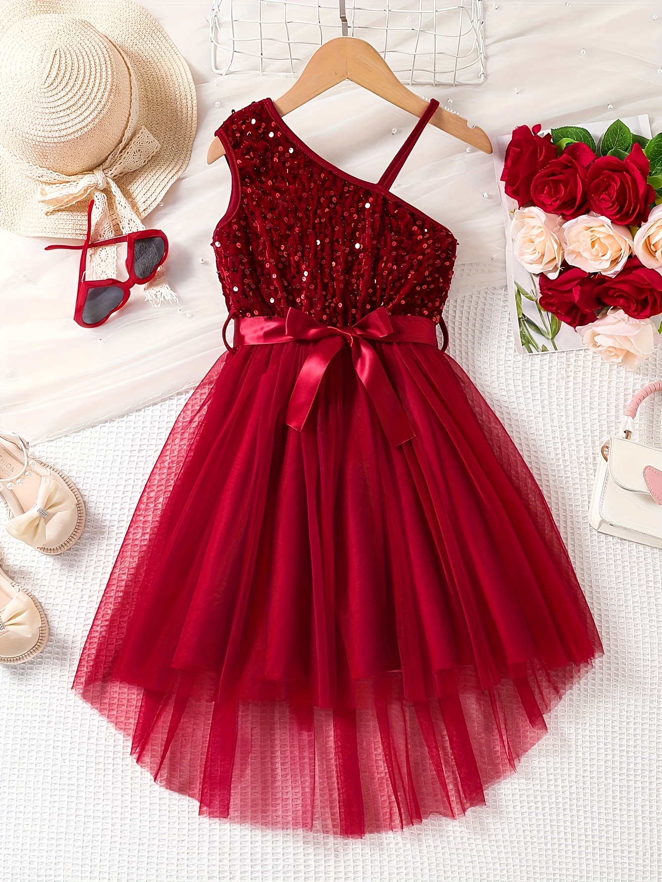 Sparkly one-shoulder tulle dress with ribbon waistband