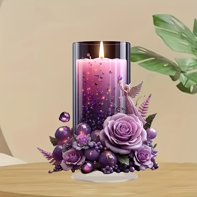 

A 2d Flat English-style Purple Acrylic Candle, With Floral And Decorations - A Desktop Holiday Decoration Suitable For Christmas And New Year, Making It An Ideal Gift.