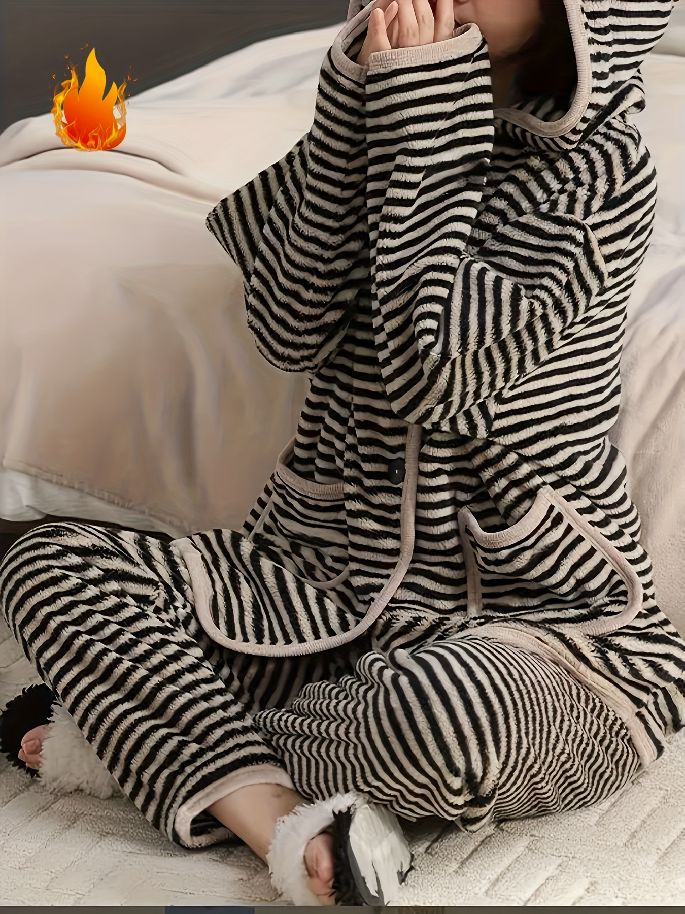 chic striped coral fleece pajama set soft long sleeved hooded top with pockets comfortable elastic waist pants thick warm and casual loungewear for autumn and winter