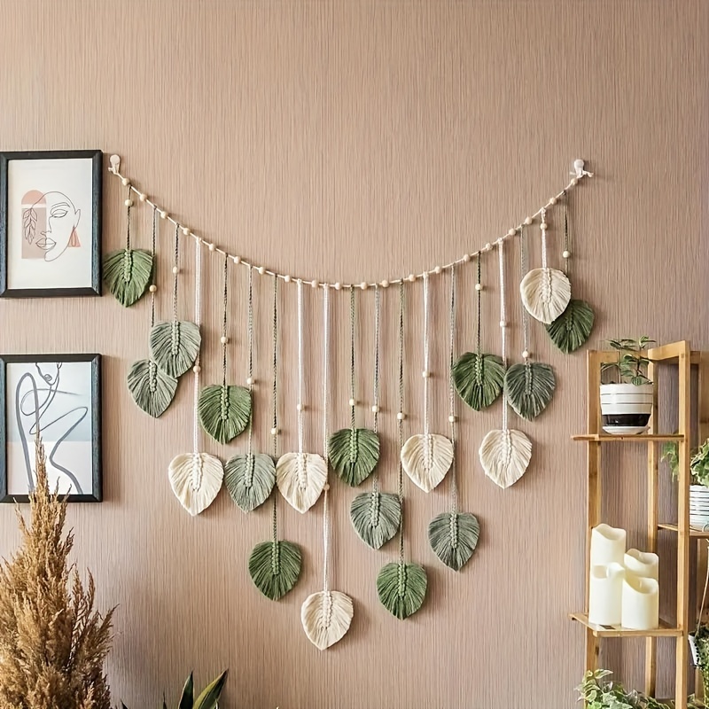 

unique Decor" Handcrafted Cotton Rope Wall Hanging With Wooden Beads & Leaves - Perfect For Weddings, Home Decor Tapestry