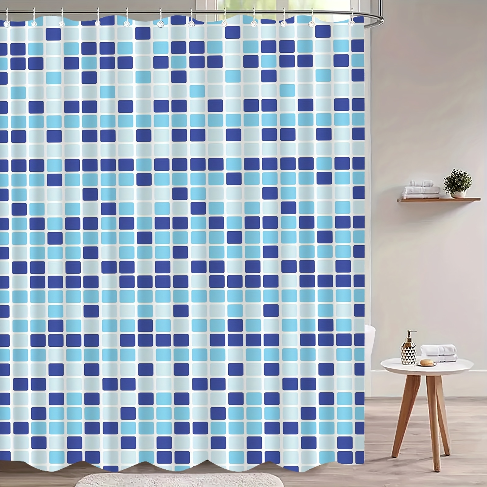 Blue and White Square Pattern Shower Curtain with Hooks, Washable