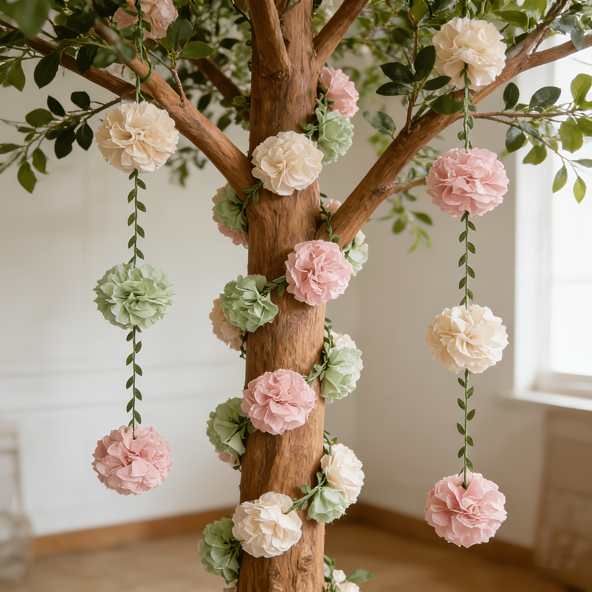 imagem do item [série de cores macaron  ] conjunto de decoração de mesa com flores de papel  , 25 unidades, aniversário, casamento, chá de panela,  , decoração de festa,   de pompons de papel  , rosa, verde sálvia e   de papel cor de  , com   de fita pendurada com banda de folhas