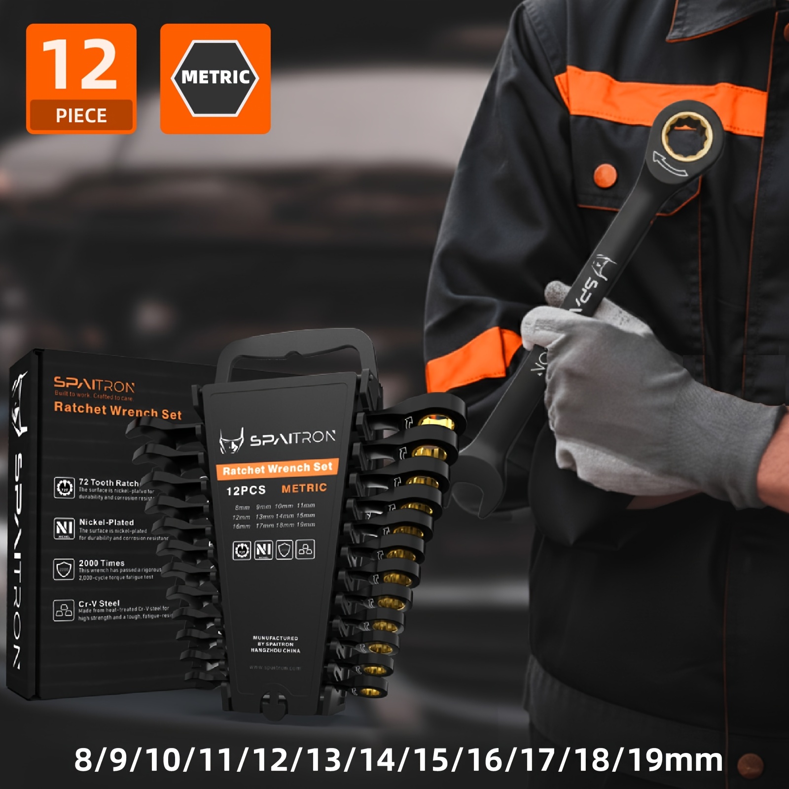TEMU SPAITRON de carraca métricas 12/6 piezas 6-19mm, combinadas de 72 dientes para ahorrar trabajo, de acero negro mate de resistencia, organizador,