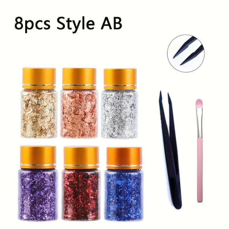Image of 6 Colors Metal Foil Flakes: Golden, Silvery, Rose Golden, Red, Purple, Blue. Suitable For Nail Art, Painting, Art Diy, And Other Decorations. Includes Tweezers And Brushes For Versatile Use