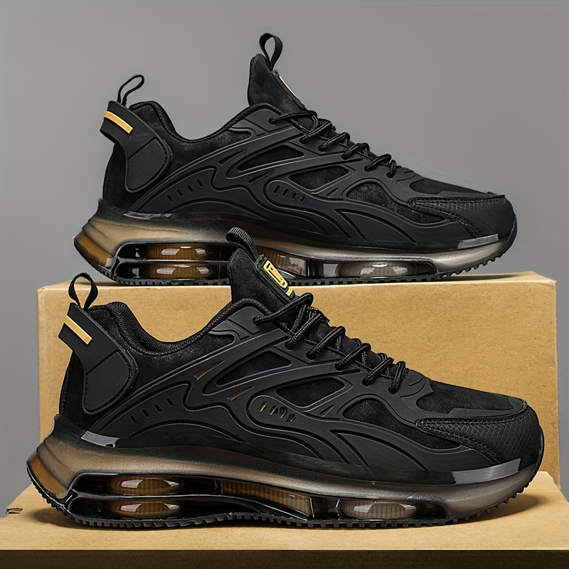 Men's Breathable High-Elasticity Shock-Absorbing Casual Sneakers - Lightweight Low-Top Outdoor Running Shoes with Cushioned EVA Sole, Durable PU Upper & Fabric Lining for Hiking, Daily Wear (Black/Golden Accents)