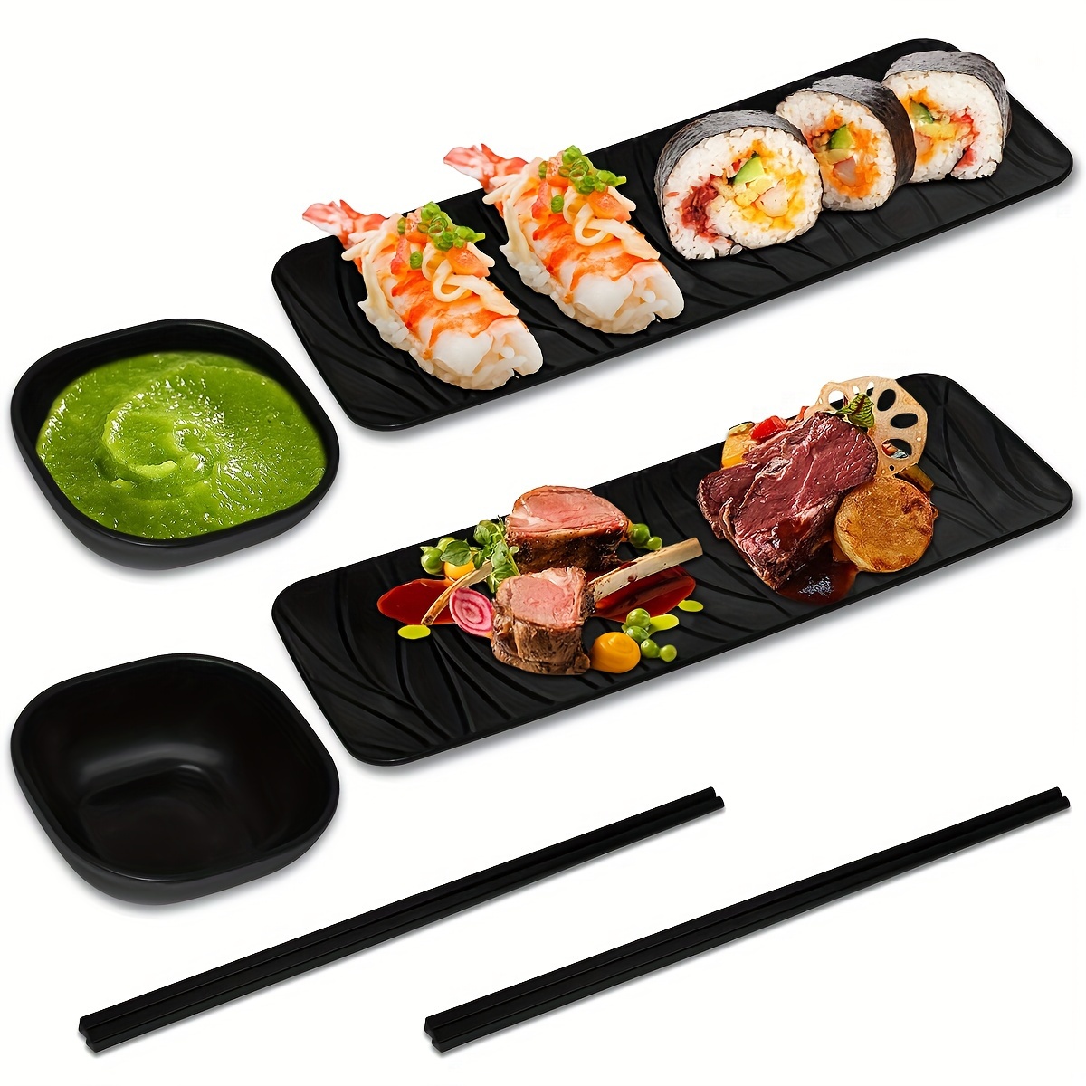 

6pc/12pc Black Premium Sushi Plates Set - 11.5" Pp Plastic Rectangular Sushi Plates For 2-4 People With Dipping Bowl And Chopsticks