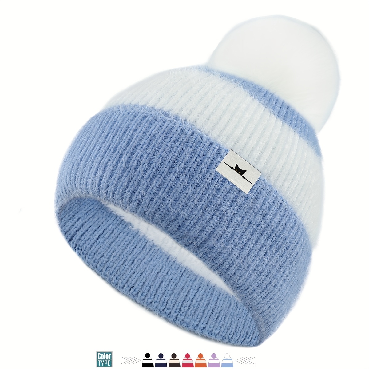 TEMU 1pc Christmas Tag Fluffy Pom-pom Winter Hat, Christmas Women's Gift, Warm Cap, Unisex Autumn Winter Warm Beanie, Thick Plush Hat, Winter Outdoor