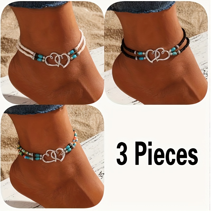 

Bohemian Elastic Anklet Set, 3-piece Natural Crystal Beaded Ankle Bracelets With Double Hollow Hearts, Elegant Seed Beads, Ideal Gift For Women