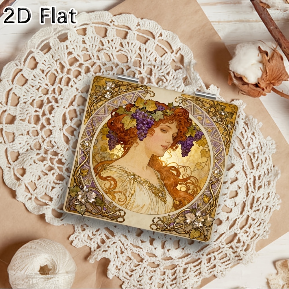 TEMU ["2D ] 1 espejo plegable portátil con un diseño artístico vintage de en el estilo de Alphonse , como regalo para hermanas, , niñas y "