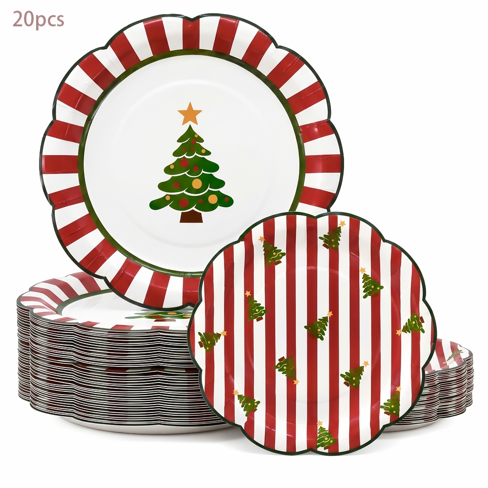 TEMU 20/40pcs, Christmas Tree Scalloped Edge Paper Plates, Red Stripe 7in & 9in Dessert Plates, Festive Xmas Holiday Table Decorations For Christmas