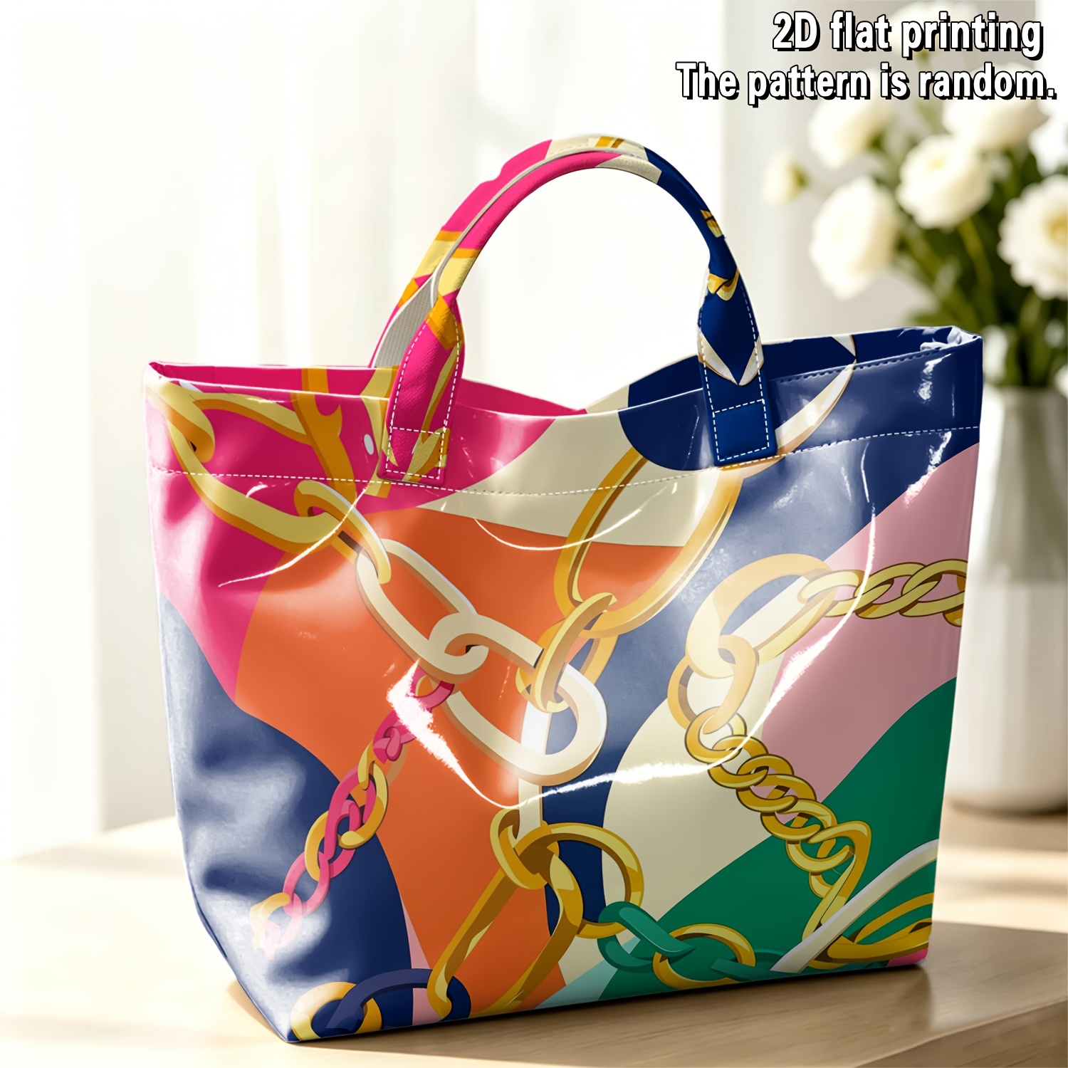 TEMU Sac fourre-tout 1 pièce en PVC décoré de chaînes colorées, sac de cabine grande pour femme, de poignée renforcée 2026, convient pour , de sport,
