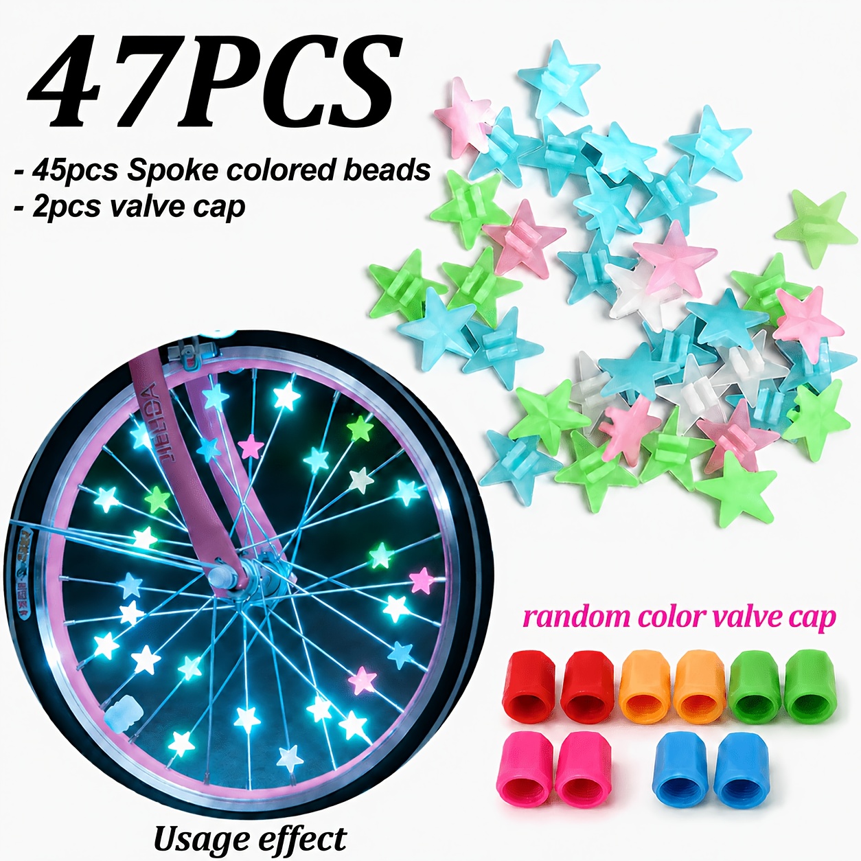 TEMU 47pcs Set, Assorted Colors, Luminous Spoke Beads With Valve Caps - -shaped Caps, Suitable For Night Riding, Wheel Decoration, Holiday Gifts For