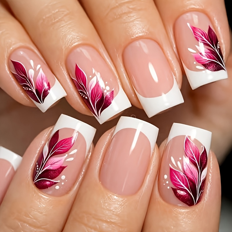 24pcs Burgundy Gradient Leaf Nail Art, Enhances Skin Tone, High-end Removable False Nails