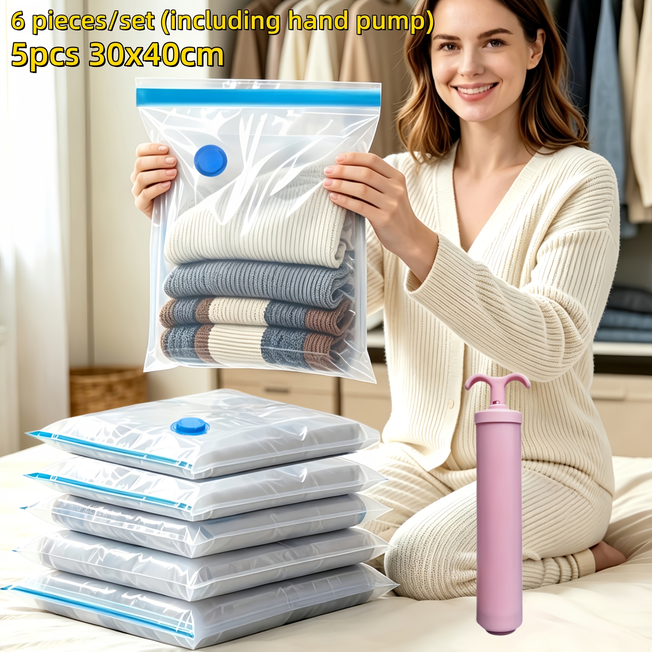 TEMU Ensemble de 6 pièces, (5 sacs de compression sous vide et 1 pompe à main), sacs de rangement sous vide et pompe à main rose, super à utiliser,