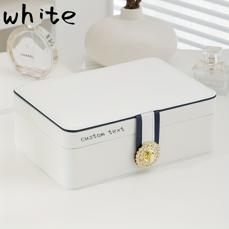 customizable text double layer pu leather jewelry box large capacity earring ring organizer with decorative golden floral emblem elegant white   storage case for valentines day gifts Product details 5