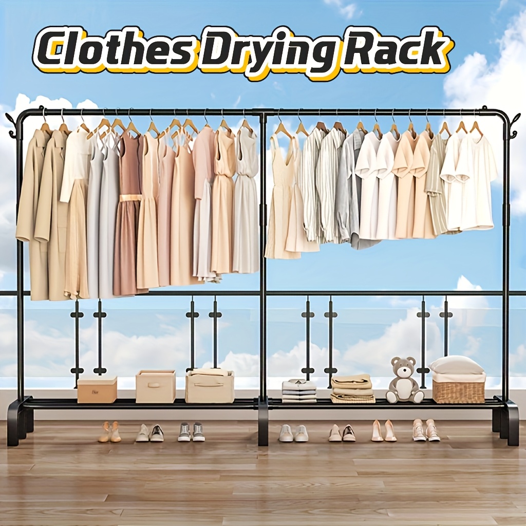 1pc Freestanding Double Clothes Drying Rack, With Shoe Storage And Hooks, Space- Design, Minimalist Style, Sturdy Structure, Ideal For Apartments, Dorms, Shoe Storage Organizer